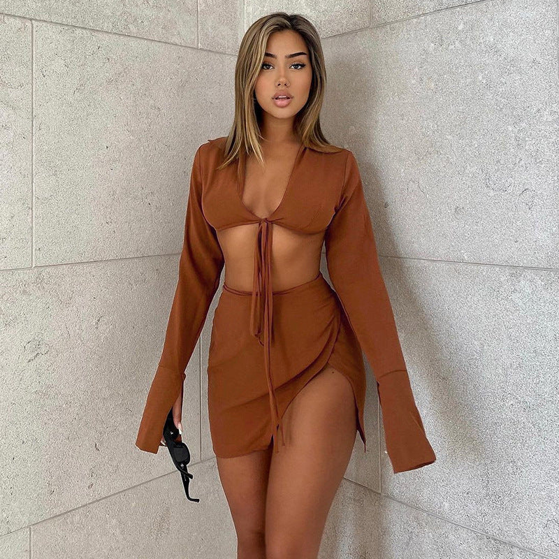 Long-sleeved Tie-up Cardigan Sexy Split Hip Skirt Casual Suit