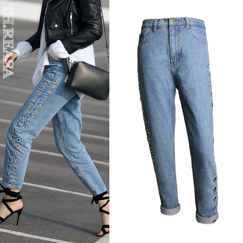 Women's Street  High Waist Loose Pants Rivets Cutout Metallic Eyes Jeans