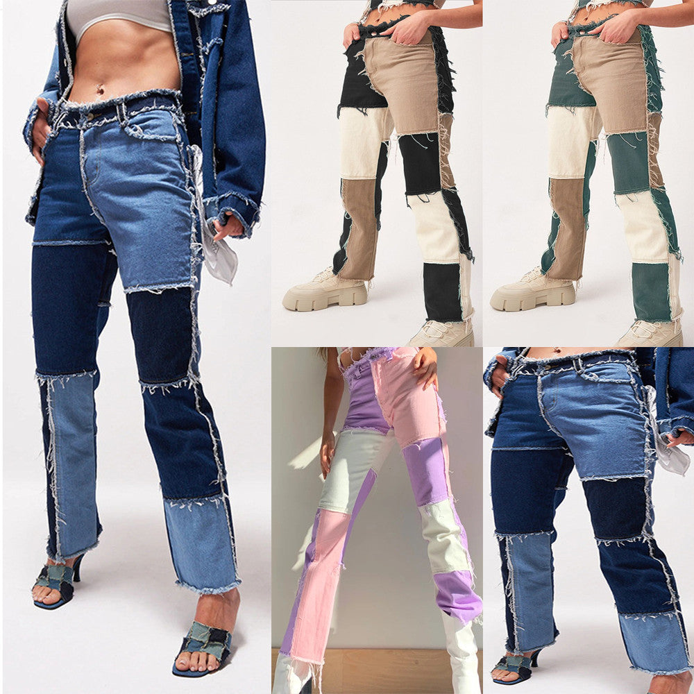 High Elastic Stitching Women's Straight-leg Jeans