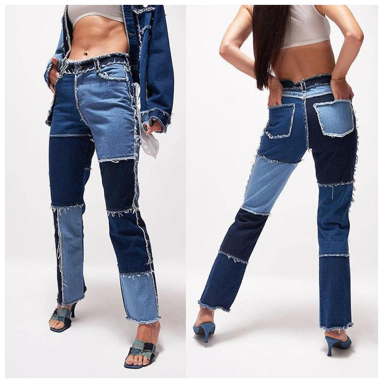 High Elastic Stitching Women's Straight-leg Jeans