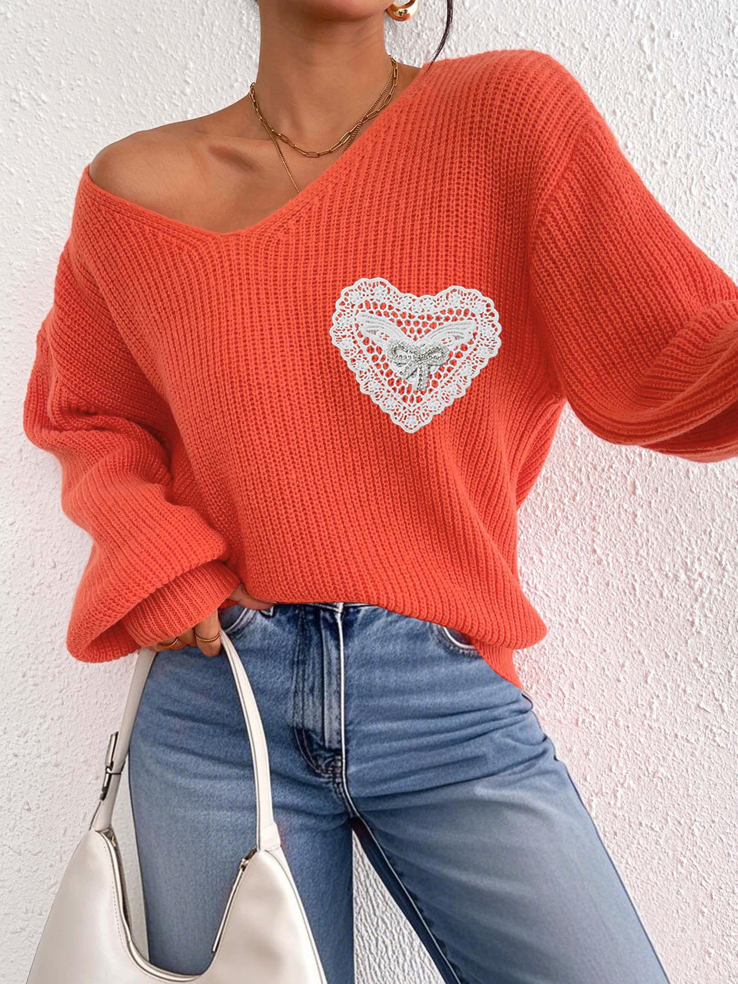 Women's V-neck Lace Brick Bow Patchwork Pocket Pullover Top