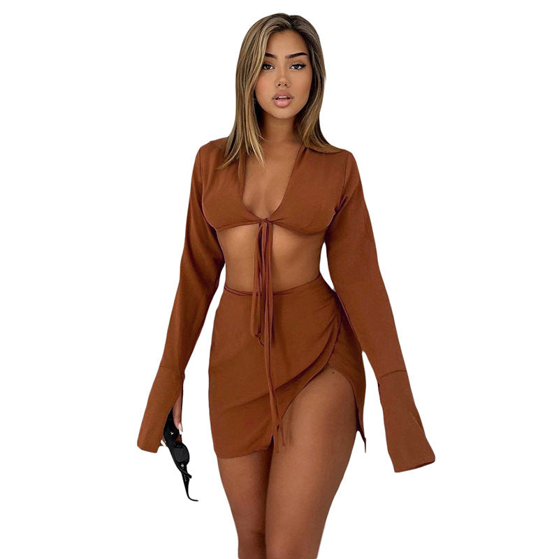 Long-sleeved Tie-up Cardigan Sexy Split Hip Skirt Casual Suit