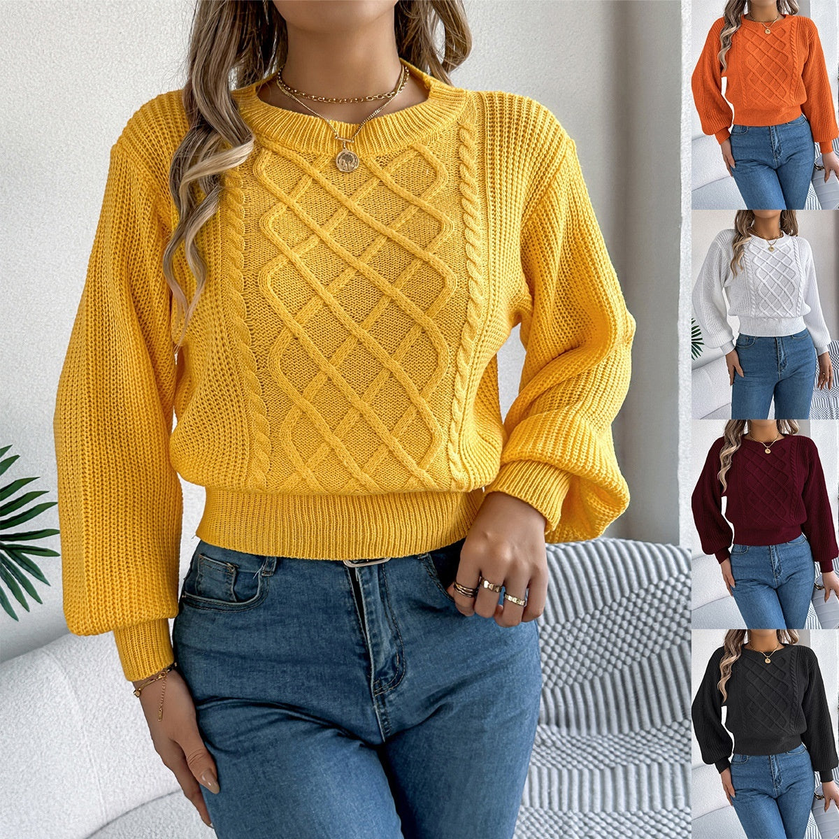 Solid Color Twist Lantern Long Sleeve Fitted Waist Sweater Women's Clothing