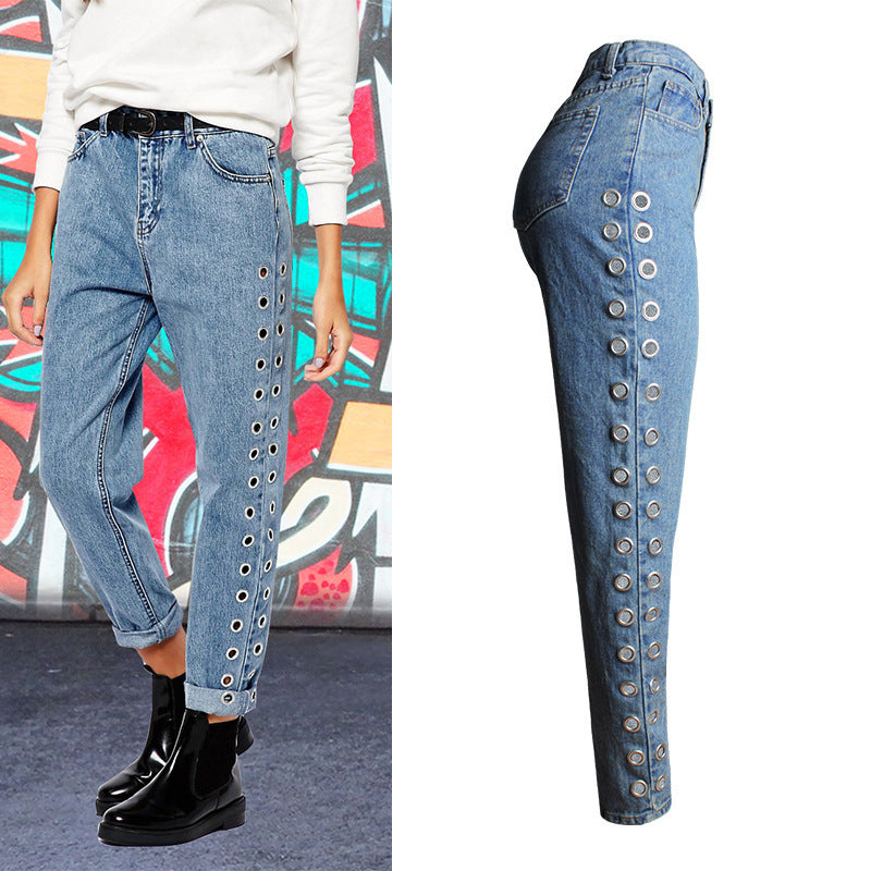Women's Street  High Waist Loose Pants Rivets Cutout Metallic Eyes Jeans