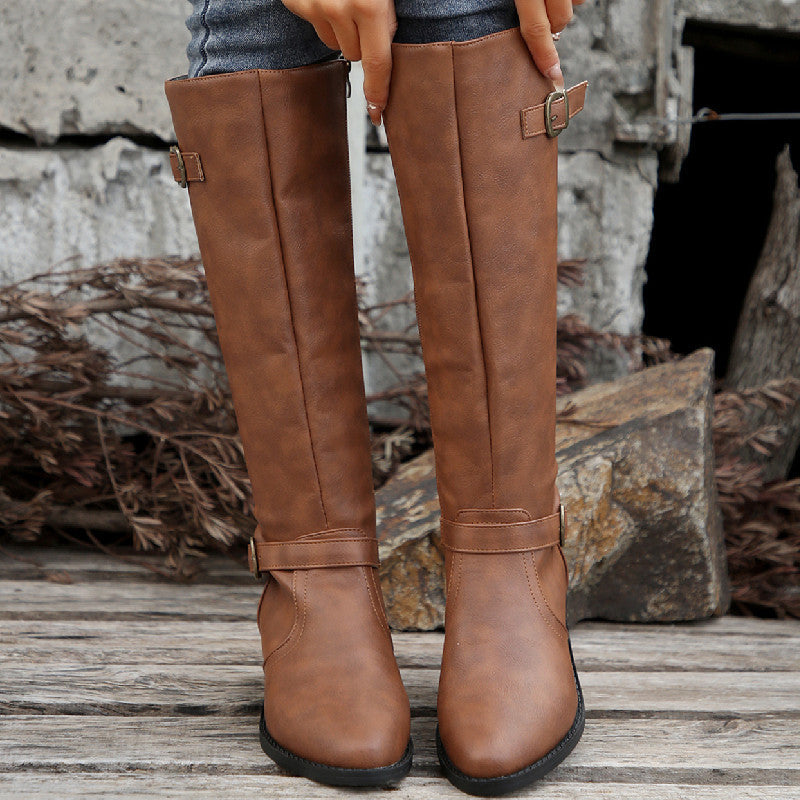 Large Size Thick Heel Square Buckle Test Zipper Boots Women