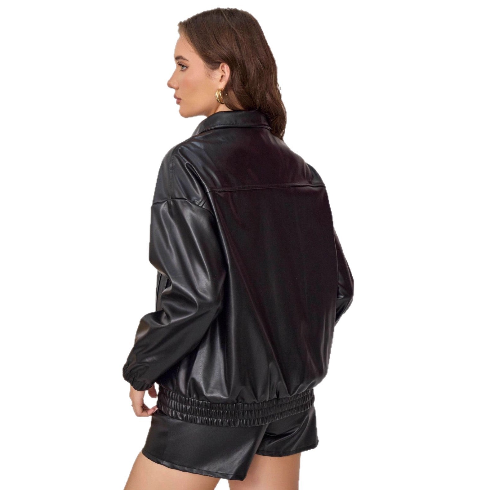 American Retro Fashion Design Solid Color Temperament PU Leather Jacket