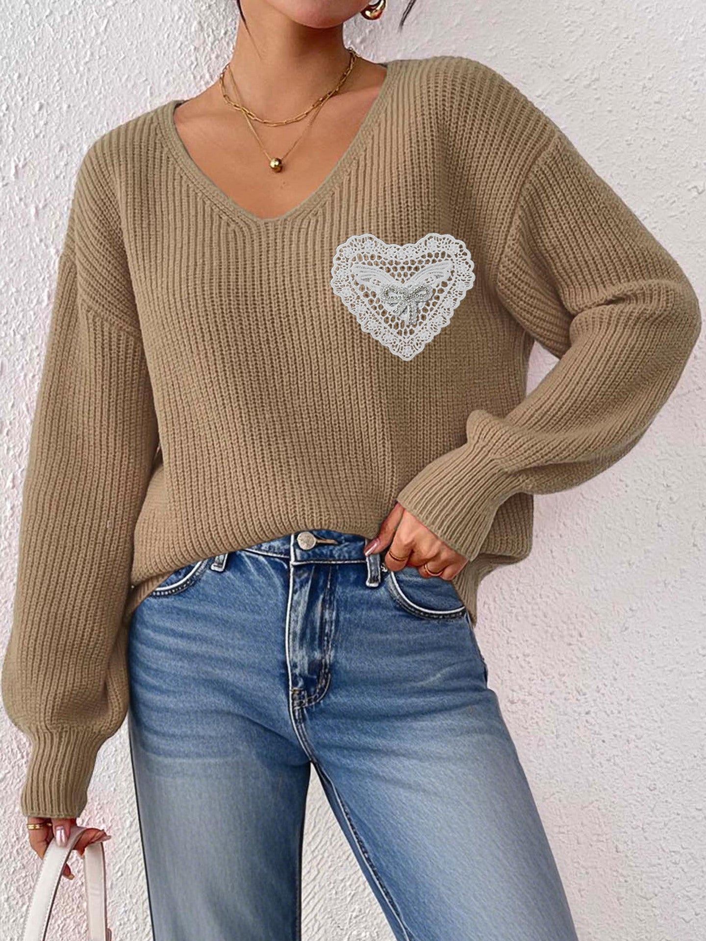 Women's V-neck Lace Brick Bow Patchwork Pocket Pullover Top