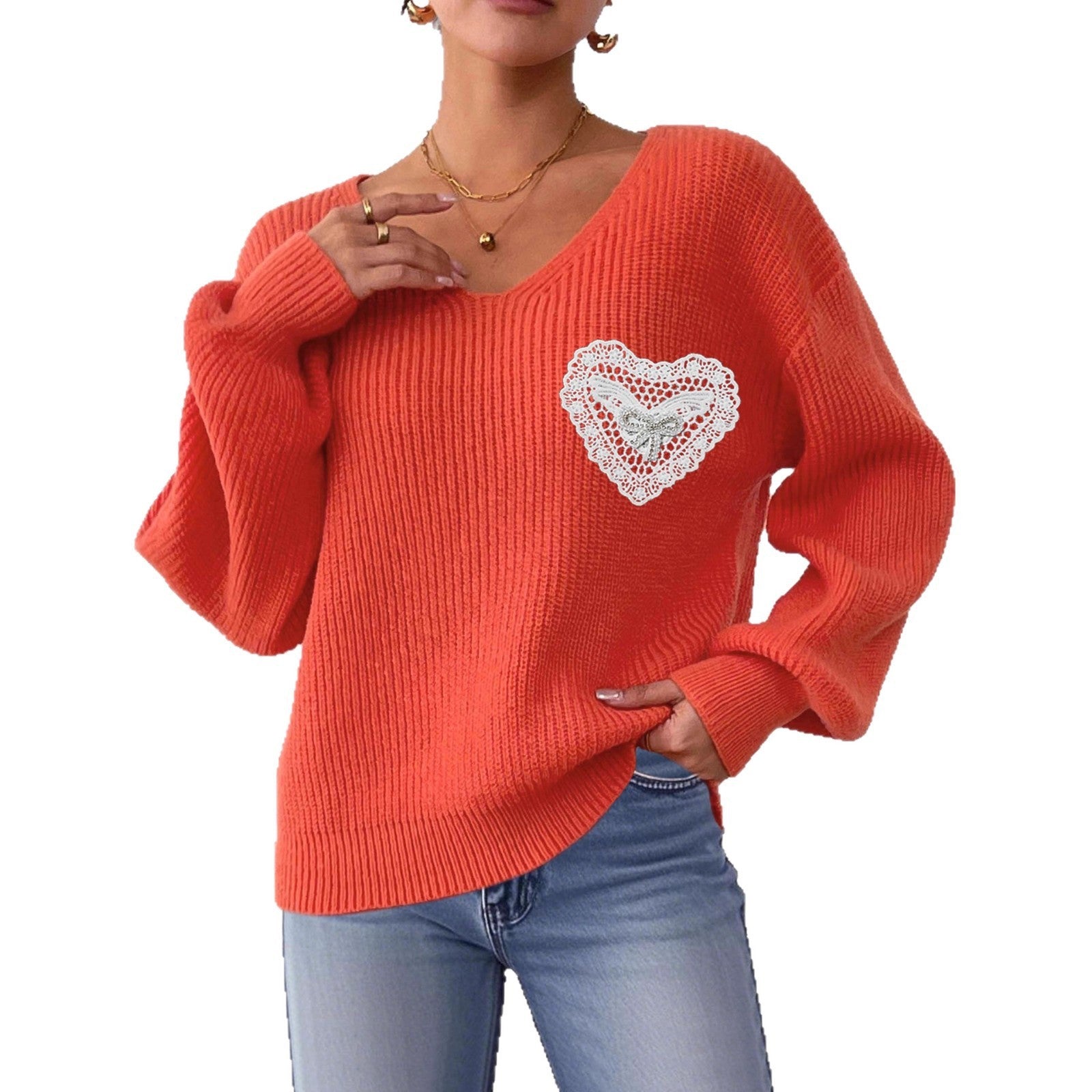 Women's V-neck Lace Brick Bow Patchwork Pocket Pullover Top