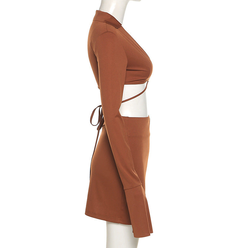 Long-sleeved Tie-up Cardigan Sexy Split Hip Skirt Casual Suit