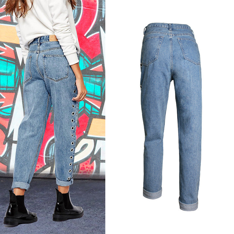 Women's Street  High Waist Loose Pants Rivets Cutout Metallic Eyes Jeans