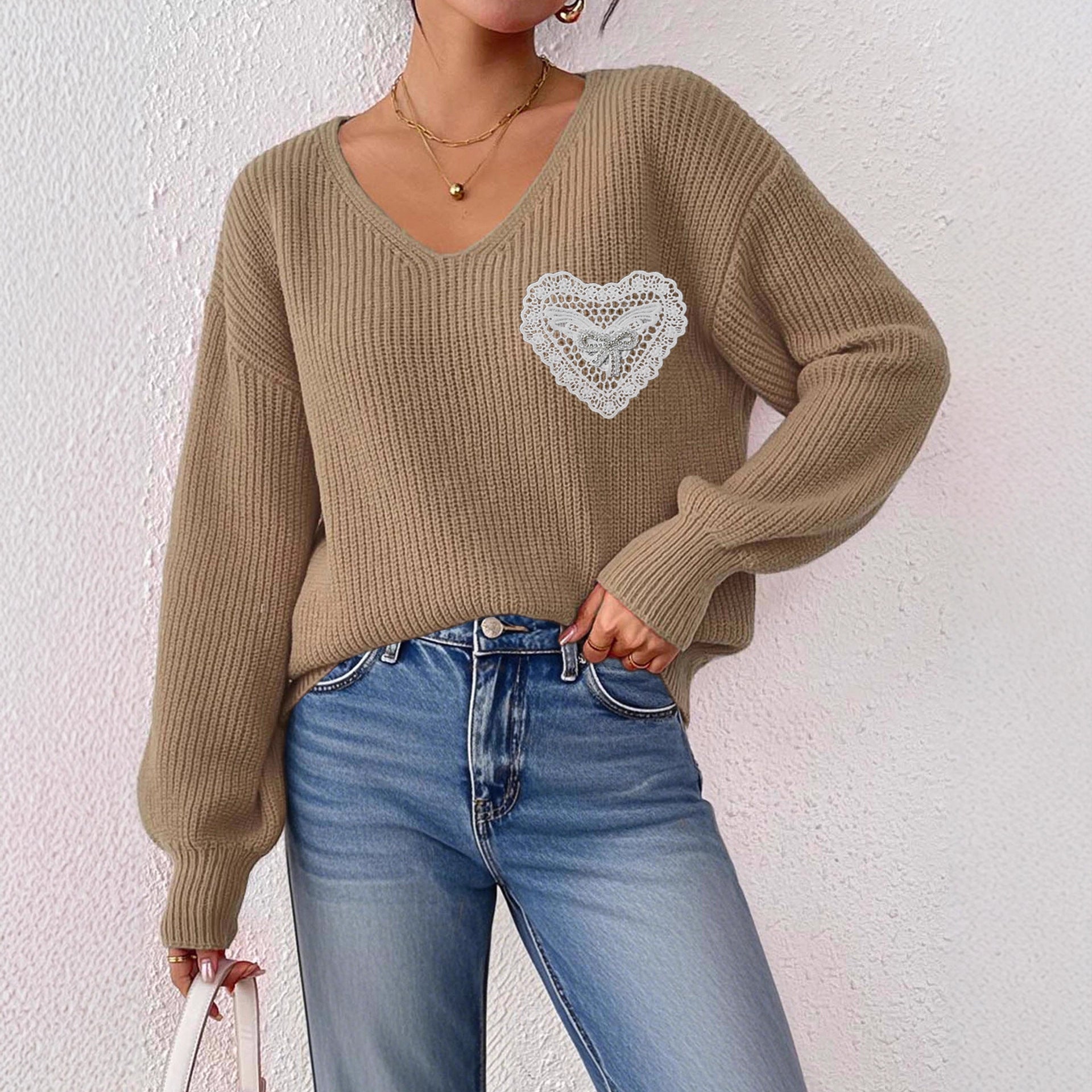 Women's V-neck Lace Brick Bow Patchwork Pocket Pullover Top