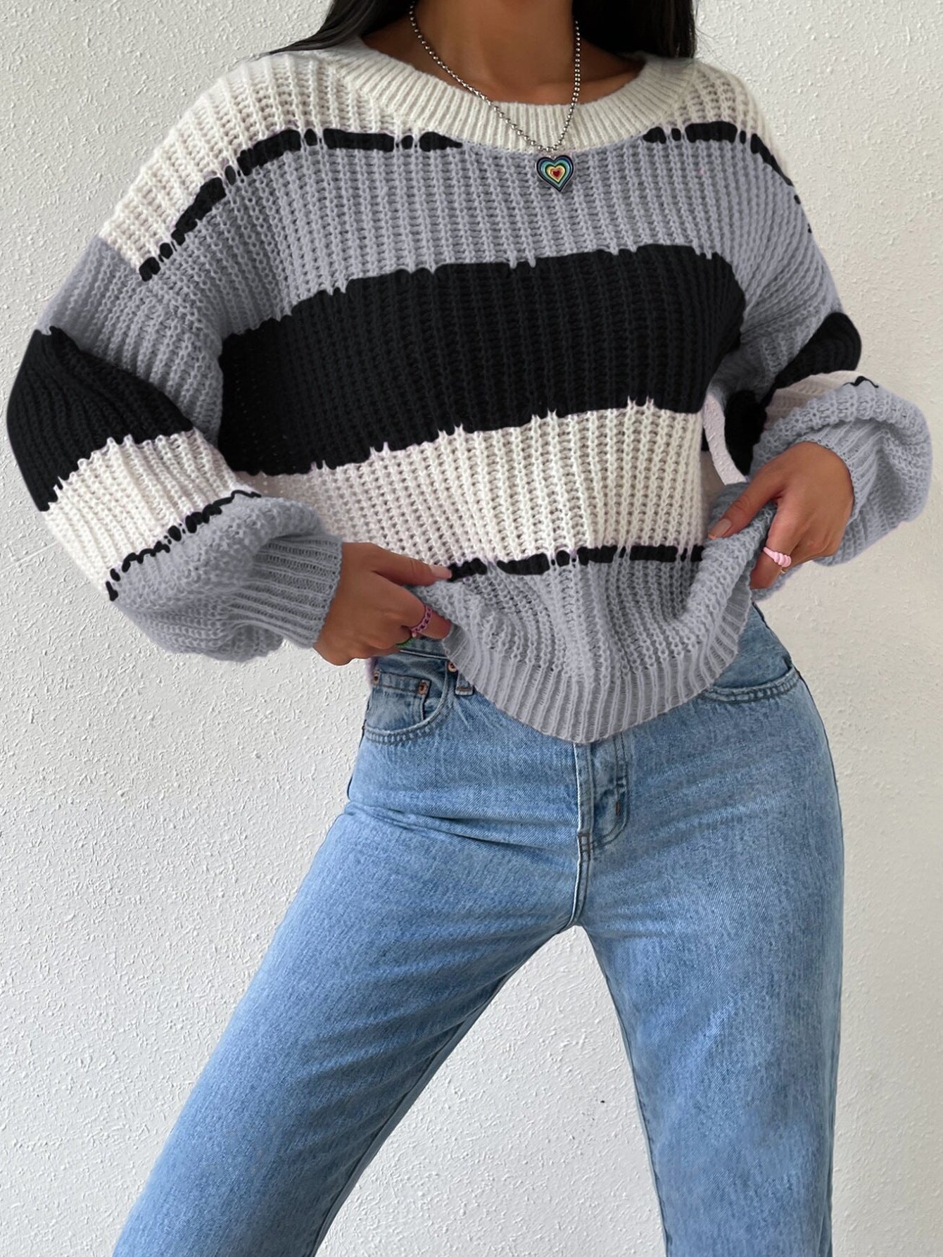Autumn And Winter Long Sleeve Pullover Contrast Color Casual