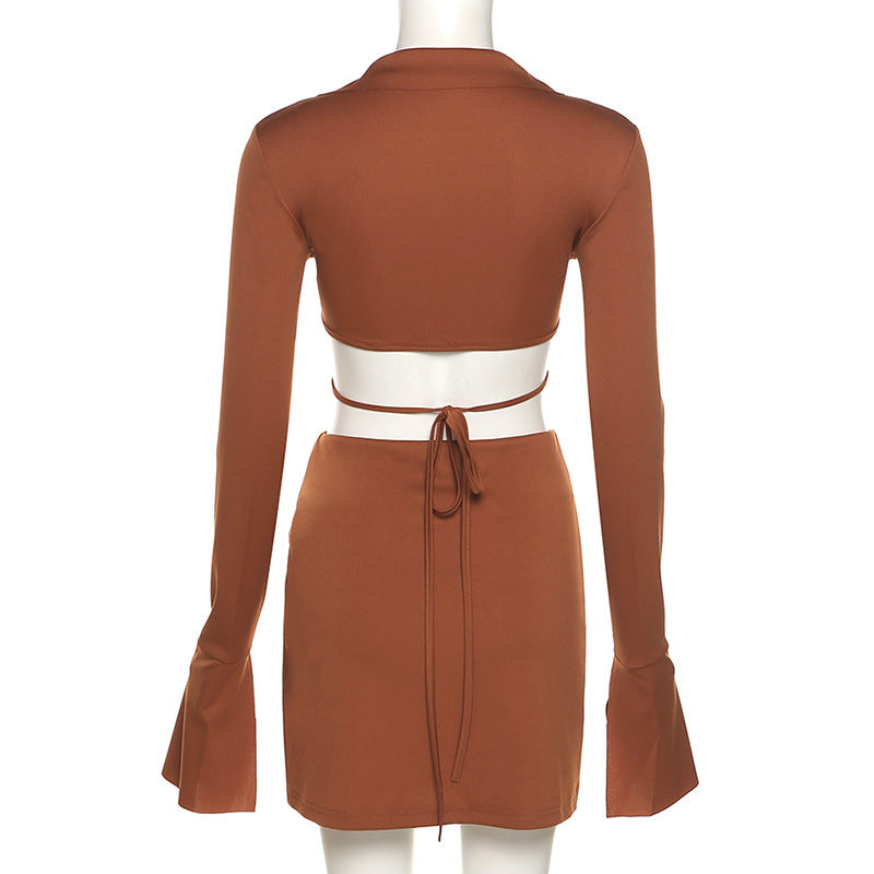 Long-sleeved Tie-up Cardigan Sexy Split Hip Skirt Casual Suit