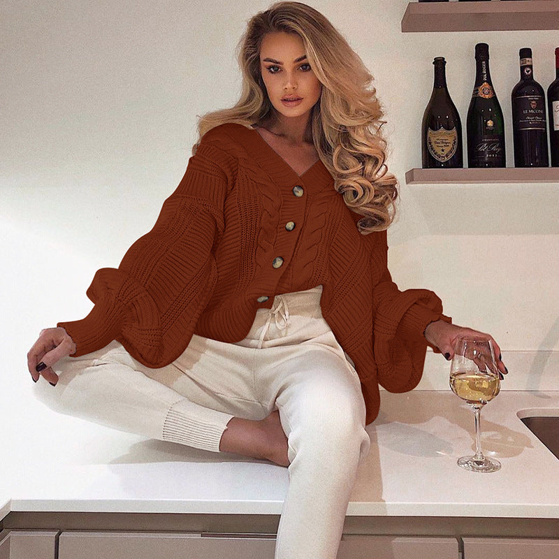 Women's Lantern Sleeve Knitted Cardigan Sweater