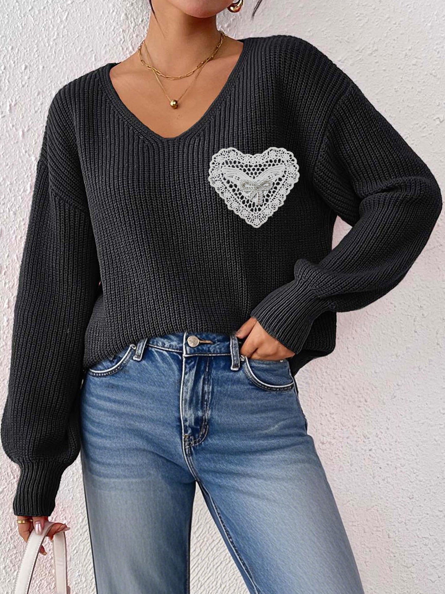 Women's V-neck Lace Brick Bow Patchwork Pocket Pullover Top
