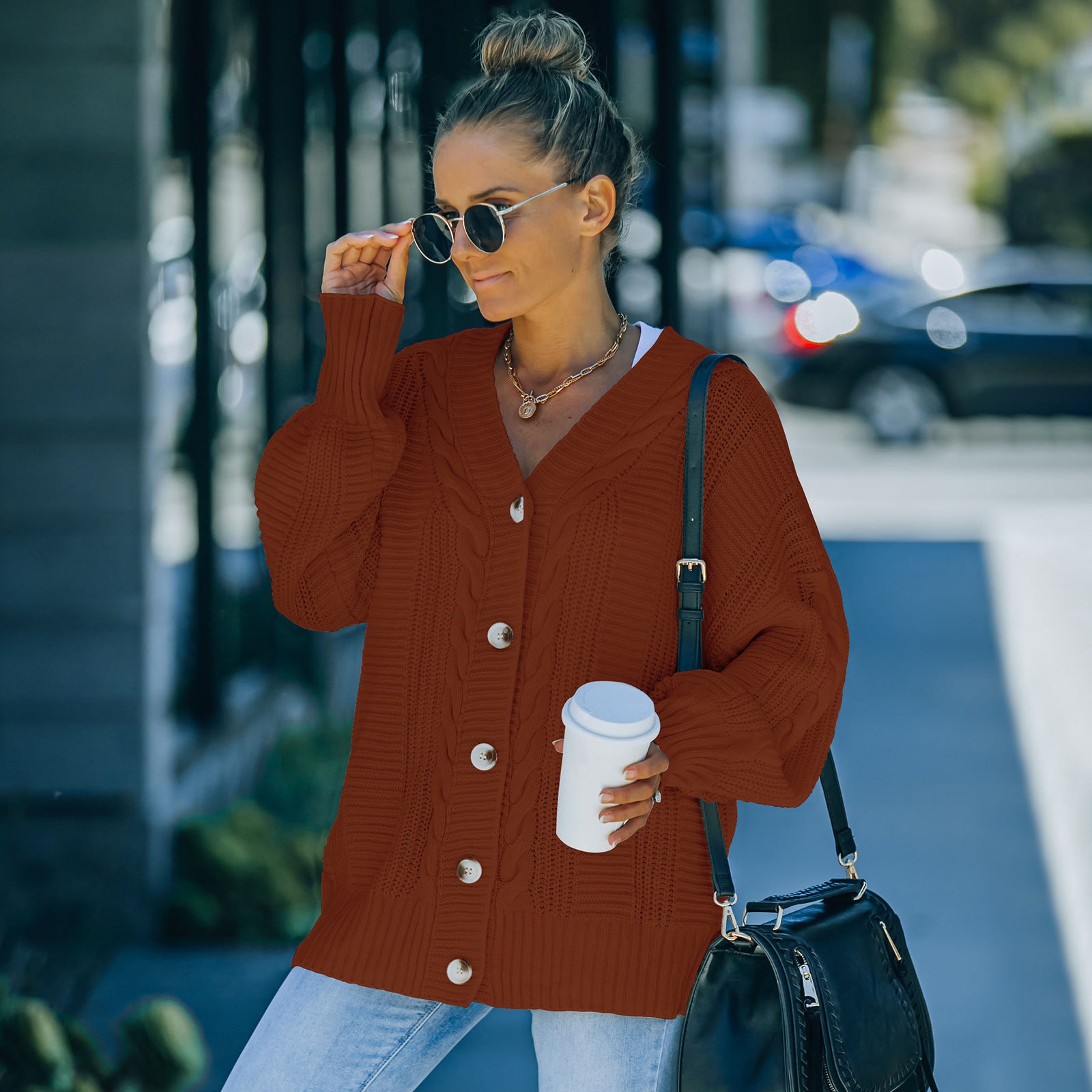 Women's Lantern Sleeve Knitted Cardigan Sweater