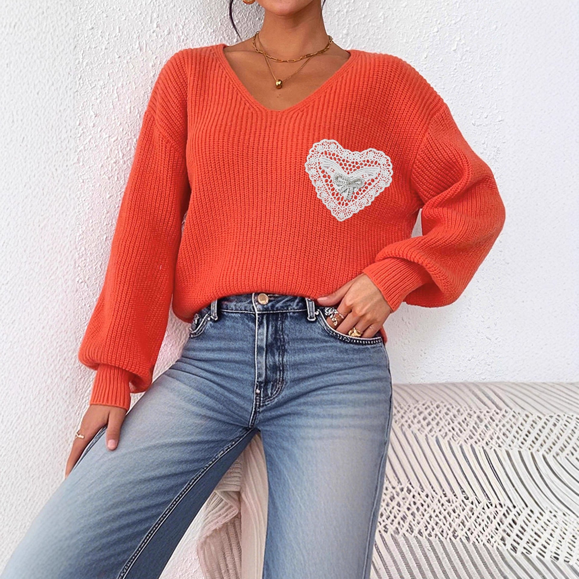 Women's V-neck Lace Brick Bow Patchwork Pocket Pullover Top