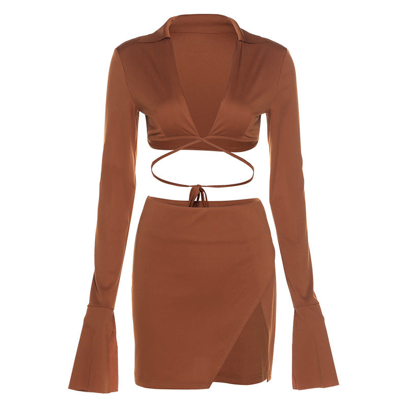 Long-sleeved Tie-up Cardigan Sexy Split Hip Skirt Casual Suit