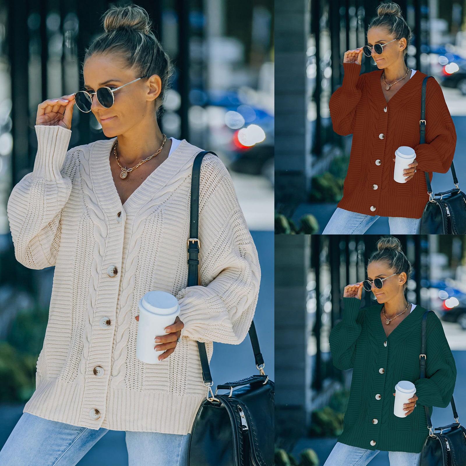 Women's Lantern Sleeve Knitted Cardigan Sweater