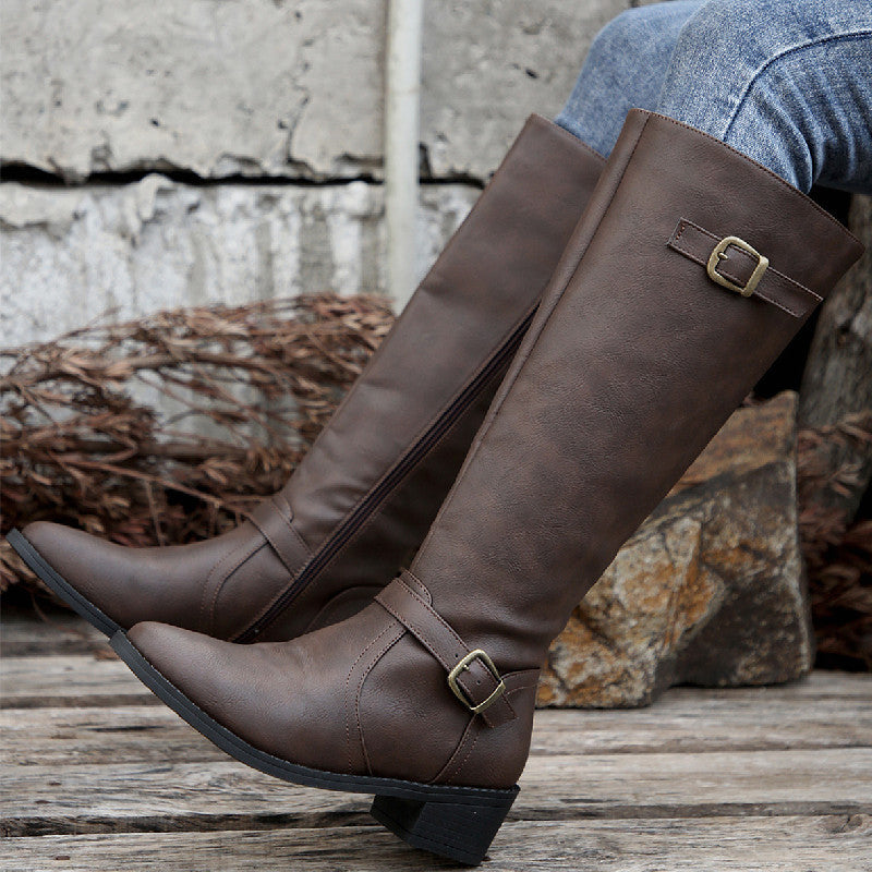 Large Size Thick Heel Square Buckle Test Zipper Boots Women